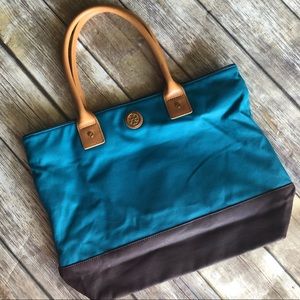 Tory Burch Jaden Teal and Brown Colorblock Tote